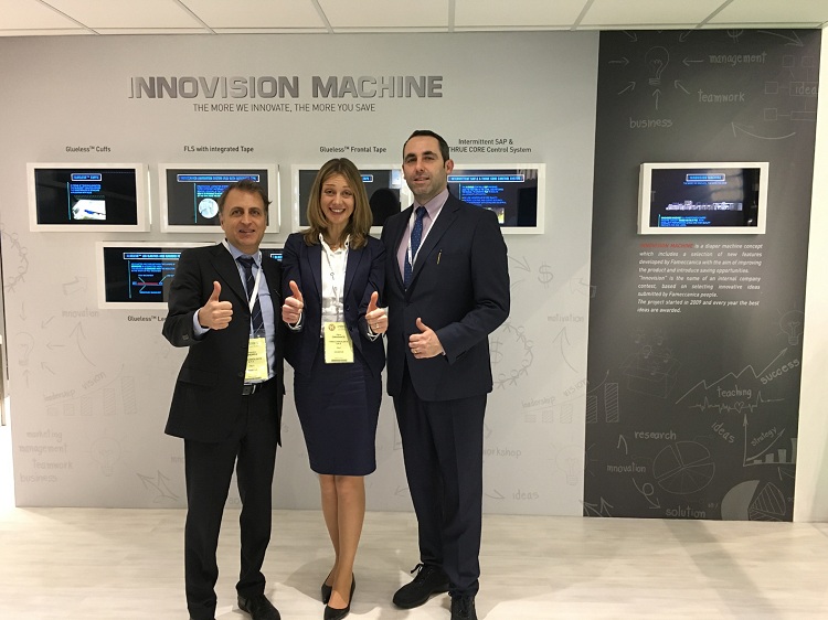Pictured at the company’s demonstration centre at its headquarters in Italy is the Fameccanica marketing and innovation team, (left to right): Alessandro D’Andrea, Piera Giansante and Giammarco Cioce.