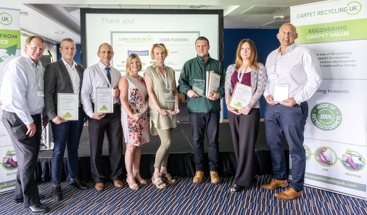 Award winners pictured left to right: David Judge, Cormar Carpets, Jack White, Floorstore Group on behalf of winner Steve Walker, Stuart Thomas, Designer Contracts, Kate Burnett, Milliken, Ellen Petts, Greenstream Flooring, Tony Spreckley, Envirocycle London, and Sue Jaques, and Andy Murphy of Melrose Textile.