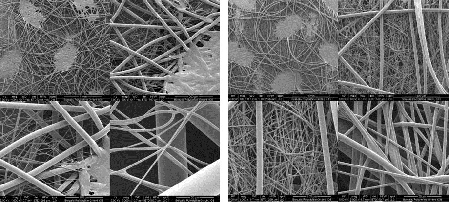 SEM pictures of a reference grade (left) and the new Borealis polymer (right) confirm significantly denser meltblown in SMS structures, for much improved coverage.